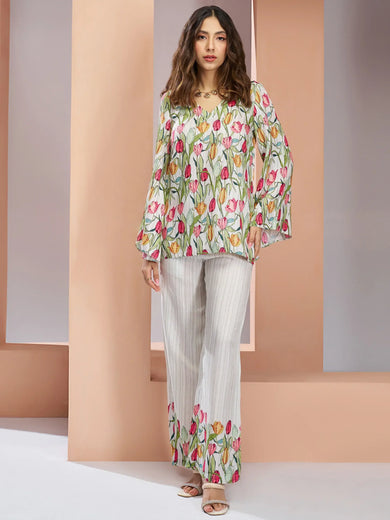 Captivating White Floral Printed Muslin Silk Office Wear Co-Ord Set